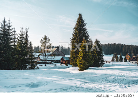 Snow covers the ground at Orle Settlement in the Jizera Mountains. Pine trees stand tall against a clear blue sky, while quaint cabins are nestled among the snow. A peaceful winter scene unfolds. Snow covers the ground at Orle Settlement in the Jizera Mountains. Pine trees stand tall against a clear blue sky, while quaint cabins are nestled among the snow. A peaceful winter scene unfolds. 132508657
