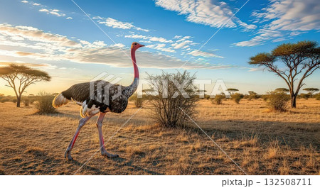 Ostrich in African Savanna at Sunset - Ai Generated 132508711