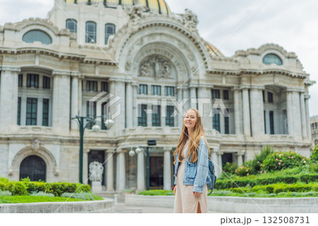 Woman tourist standing in front of Palacio de Bellas Artes in Mexico City, capturing the beauty of Mexican culture, architecture, and iconic travel landmarks 132508731