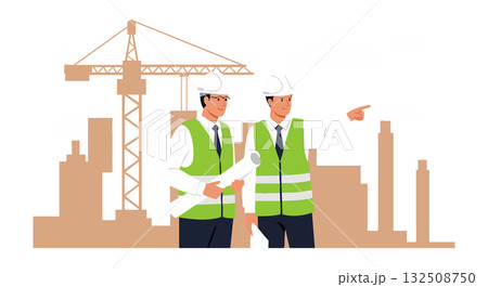 Construction engineers discussing building project with crane and city skyline vector illustration 132508750