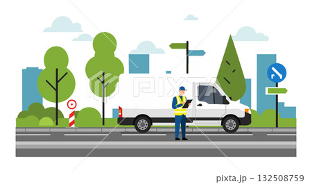 Roadside worker with white pickup truck and directional signs vector illustration 132508759