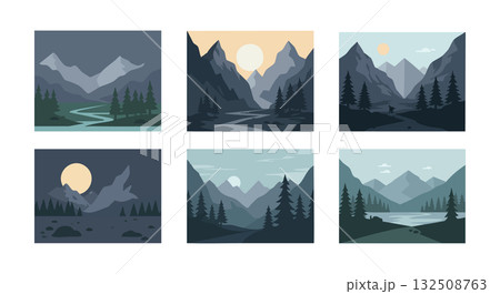 Mountain valley river landscape collection with pine trees and sun in natural scenery vector illustration 132508763