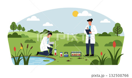 Scientists conducting outdoor environmental research with test tubes and samples in green field vector illustration 132508766