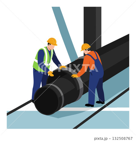 Construction workers installing large black pipe in industrial setting vector illustration 132508767