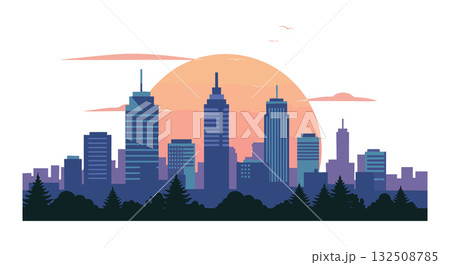 Urban city skyline with sunset background and forest silhouette vector illustration Urban city skyline with sunset background and forest silhouette vector illustration 132508785