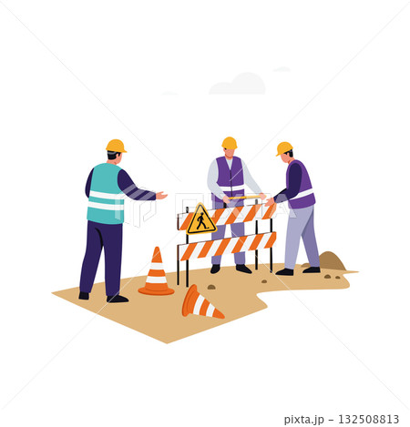 Construction Workers Installing Safety Barrier on Roadwork Site with Cones and Warning Signs Construction Workers Installing Safety Barrier on Roadwork Site with Cones and Warning Signs 132508813
