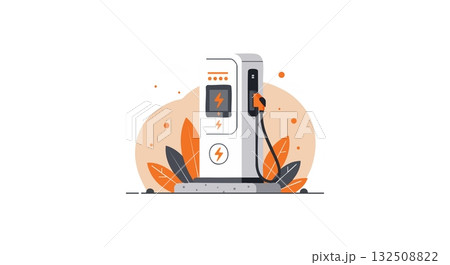 Electric vehicle charging station with modern eco design and orange leaf accents vector illustration Electric vehicle charging station with modern eco design and orange leaf accents vector illustration 132508822