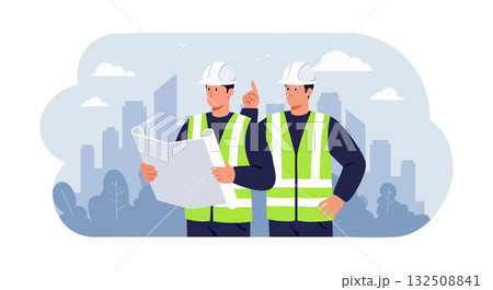 Construction engineers discussing building blueprint in urban cityscape vector illustration Construction engineers discussing building blueprint in urban cityscape vector illustration 132508841