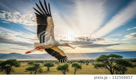 Stork Soaring Over African Savanna at Sunrise - Ai Generated Stork Soaring Over African Savanna at Sunrise - Ai Generated 132508857