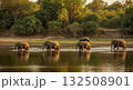 Elephants Walking Through Water at Sunset - Ai Generated 132508901