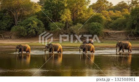 Elephants Walking Through Water at Sunset - Ai Generated Elephants Walking Through Water at Sunset - Ai Generated 132508901