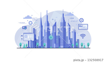 Modern city skyline with smart technology icons in blue tones vector illustration Modern city skyline with smart technology icons in blue tones vector illustration 132508917