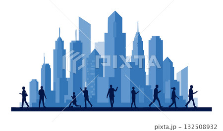 City skyline with business people walking in silhouette vector illustration urban scene 132508932