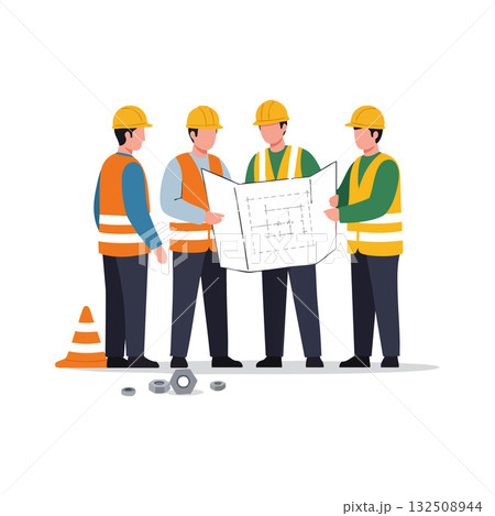 Construction workers examining blueprint on site with safety helmets and vests vector illustration Construction workers examining blueprint on site with safety helmets and vests vector illustration 132508944
