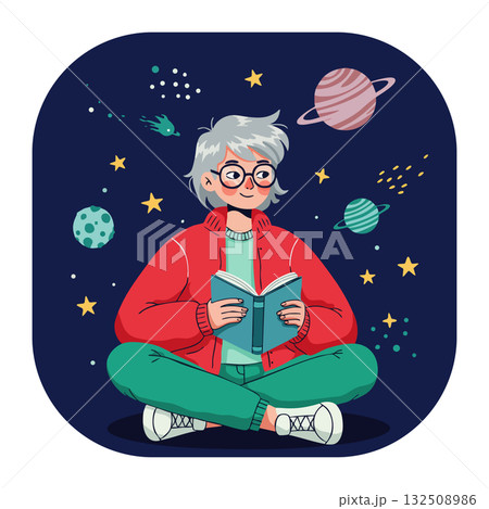 Young person reading book with planets and stars in space background vector illustration 132508986