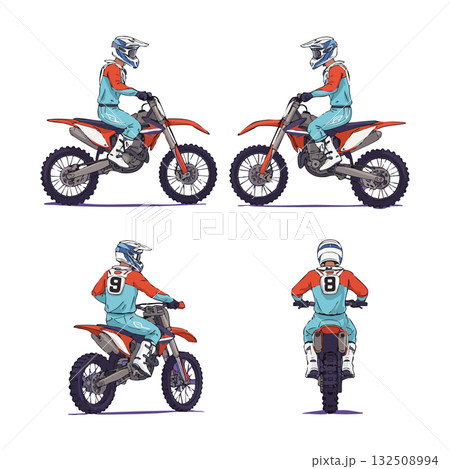Motocross rider on dirt bike in helmet and racing gear vector illustration in multiple views Motocross rider on dirt bike in helmet and racing gear vector illustration in multiple views 132508994