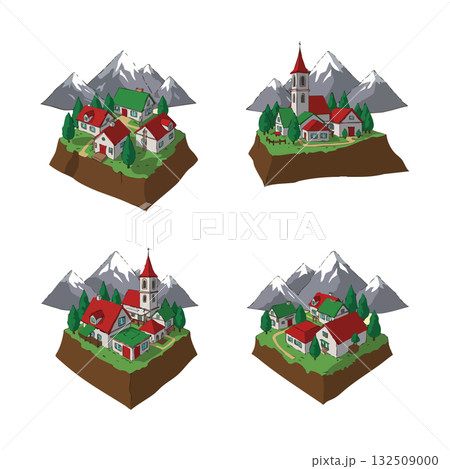 Mountain village illustrations with houses and church scenic nature landscape vector set Mountain village illustrations with houses and church scenic nature landscape vector set 132509000