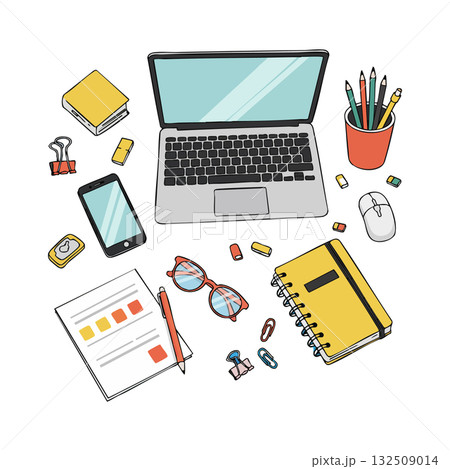 Workspace with laptop smartphone stationery and glasses in flat lay composition vector illustration Workspace with laptop smartphone stationery and glasses in flat lay composition vector illustration 132509014