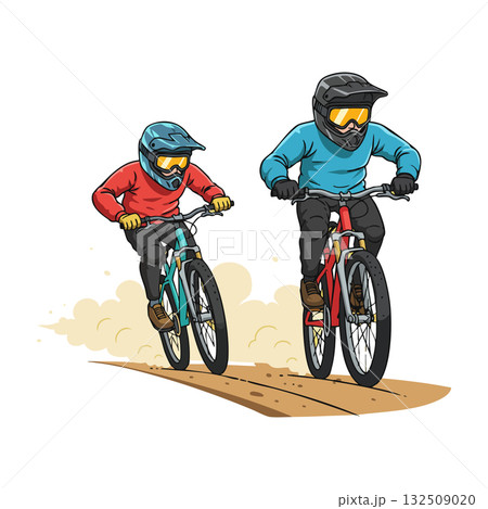 Two bikers riding mountain bikes with helmets and goggles on dirt trail outdoor activity 132509020