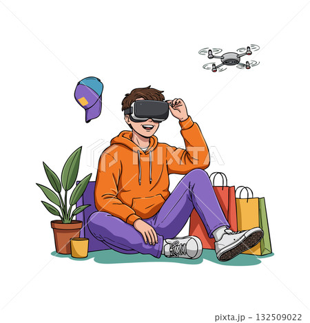 Young person using virtual reality headset with drone and shopping bags vector illustration 132509022