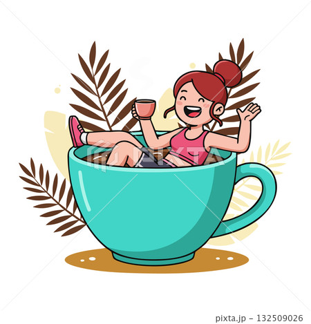 Woman Relaxing in Large Blue Coffee Cup Enjoying Drink and Leisure Time Vector Illustration Woman Relaxing in Large Blue Coffee Cup Enjoying Drink and Leisure Time Vector Illustration 132509026