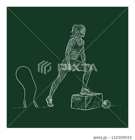 Woman performing step-up exercise with dumbbells and jump rope fitness illustration 132509033