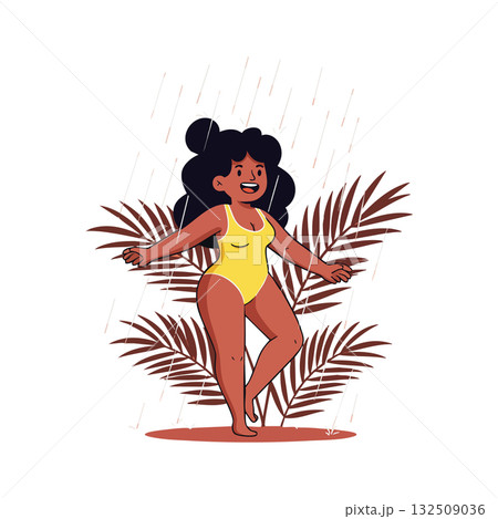Woman in yellow swimsuit dancing in rain with tropical leaves background vector illustration 132509036