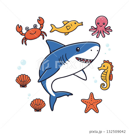 Cartoon shark and diverse sea animals including crab octopus seahorse starfish shell vector illustration Cartoon shark and diverse sea animals including crab octopus seahorse starfish shell vector illustration 132509042