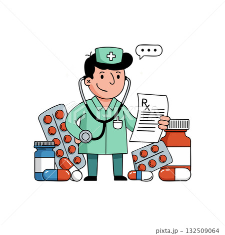 Male nurse holding prescription with medical pills and bottles vector illustration 132509064