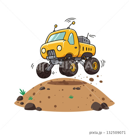 Yellow monster truck jumping over dirt hill with rocks and grass vector illustration Yellow monster truck jumping over dirt hill with rocks and grass vector illustration 132509071