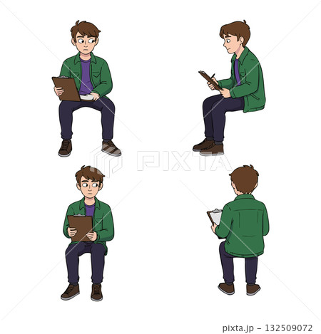 Young man reading book in green jacket multiple poses vector illustration 132509072