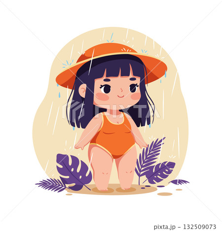 Little girl wearing orange swimsuit and hat standing in rain with purple leaves vector illustration Little girl wearing orange swimsuit and hat standing in rain with purple leaves vector illustration 132509073