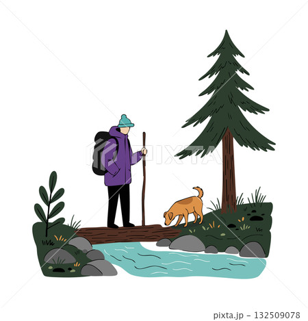 Hiker with dog crossing forest stream among trees and rocks nature adventure vector illustration 132509078