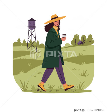 Woman walking with coffee cup in green coat and yellow hat in countryside vector illustration Woman walking with coffee cup in green coat and yellow hat in countryside vector illustration 132509085