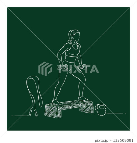 Woman exercising with dumbbells on step platform fitness workout vector illustration Woman exercising with dumbbells on step platform fitness workout vector illustration 132509091