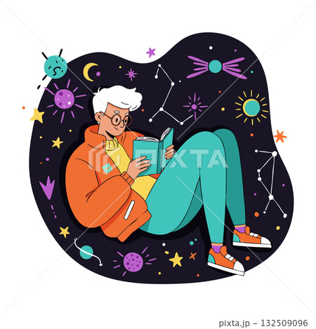 Person reading book surrounded by colorful space elements and constellations vector illustration Person reading book surrounded by colorful space elements and constellations vector illustration 132509096