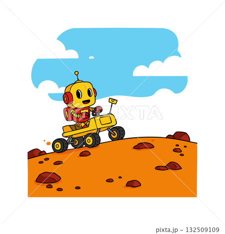 Robot driving yellow rover on rocky orange terrain with blue sky clouds vector illustration Robot driving yellow rover on rocky orange terrain with blue sky clouds vector illustration 132509109