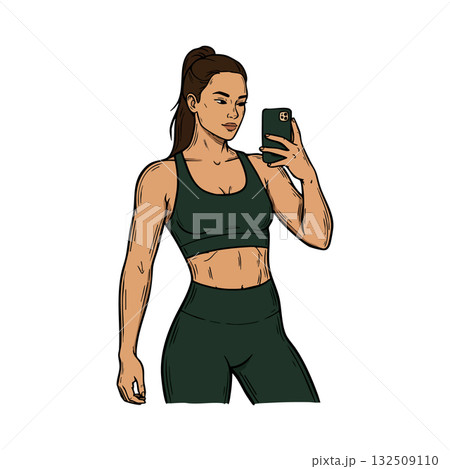 Fitness woman taking selfie in dark green sportswear vector illustration 132509110