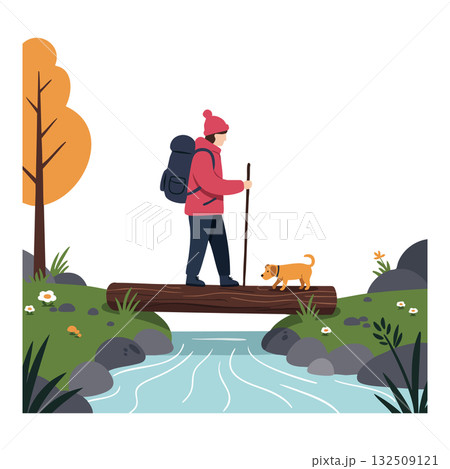 Hiker with dog crossing river on log bridge autumn outdoor nature scene vector Hiker with dog crossing river on log bridge autumn outdoor nature scene vector 132509121