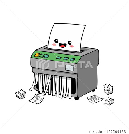 Cute paper shredder machine with smiling face and shredded paper vector illustration 132509128