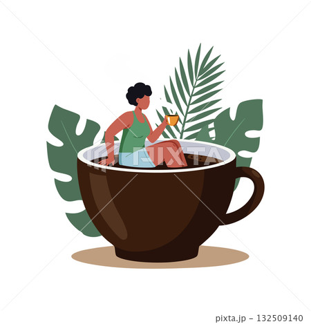 Woman sitting inside large coffee cup drinking surrounded by tropical leaves vector illustration 132509140