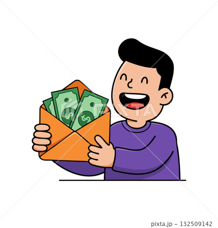 Happy man holding envelope with dollar bills smiling cheerful vector illustration 132509142