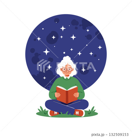 Elderly Woman Reading Book Under Starry Night Sky in Calm Outdoor Scene 132509153