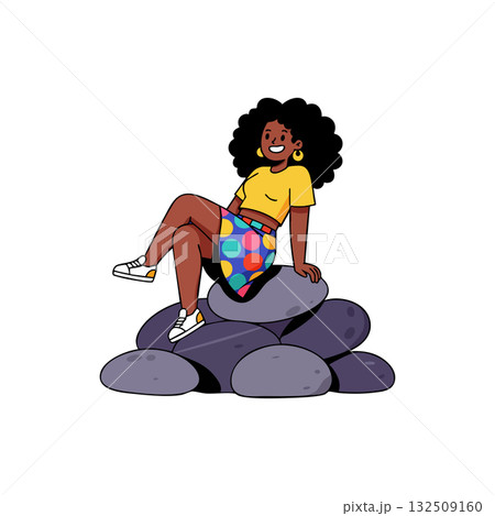 Woman with curly hair sitting on rocks wearing colorful skirt and yellow top vector illustration Woman with curly hair sitting on rocks wearing colorful skirt and yellow top vector illustration 132509160