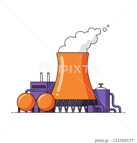 Industrial cooling tower with orange and purple factory buildings vector illustration 132509177