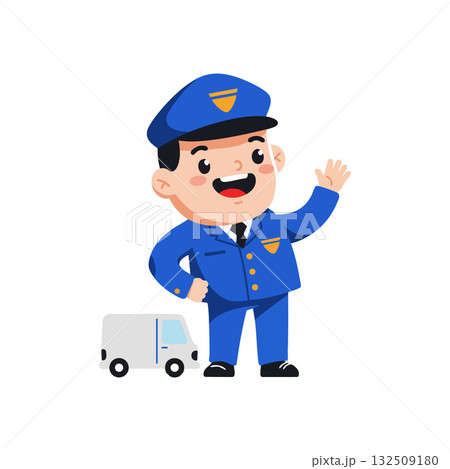 Cartoon mailman waving hand with blue uniform and delivery truck vector illustration 132509180