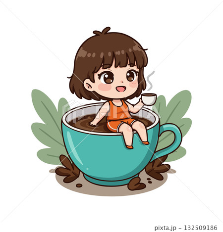 Cute girl relaxing in large blue coffee cup with coffee beans vector illustration Cute girl relaxing in large blue coffee cup with coffee beans vector illustration 132509186