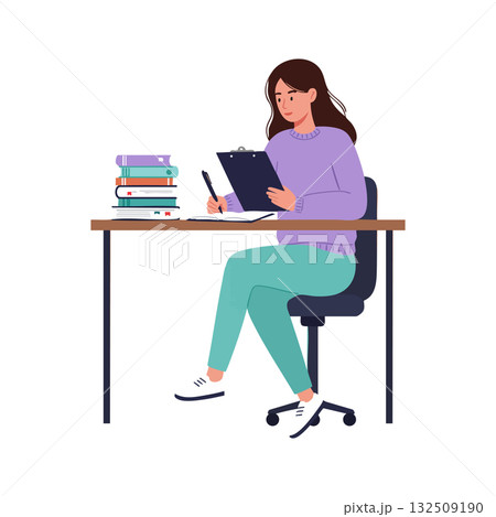 Woman sitting at desk writing notes with books and clipboard vector illustration 132509190