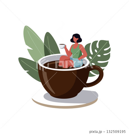 Woman Relaxing in Large Coffee Cup with Green Leaves Background Vector Illustration 132509195