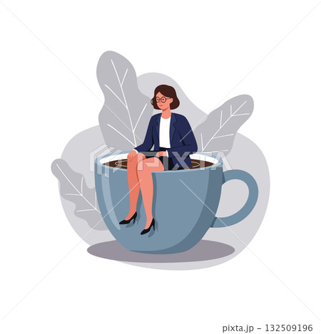 Businesswoman sitting inside large coffee cup with leaves background vector illustration Businesswoman sitting inside large coffee cup with leaves background vector illustration 132509196